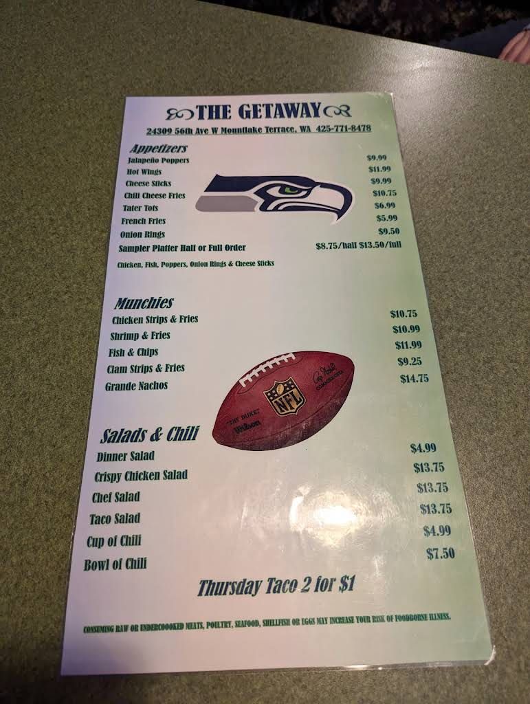 Getaway Tavern Menu 1